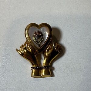 Vintage Gold Tone Heart Hands Brooch Pin Mother of Pearl Flower Accent Statement